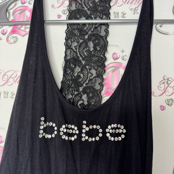 Bebe tank top lace racer back black cinched sides bling Swarovski crystal logo - Picture 2 of 7